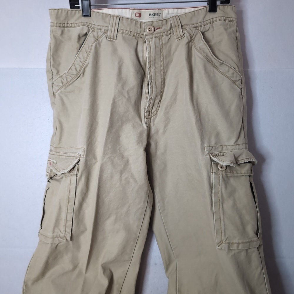 Vtg BKE 67 Fulton Mens Khaki Tan Cotton Cargo Pants 34 Long 35x33 Y2K